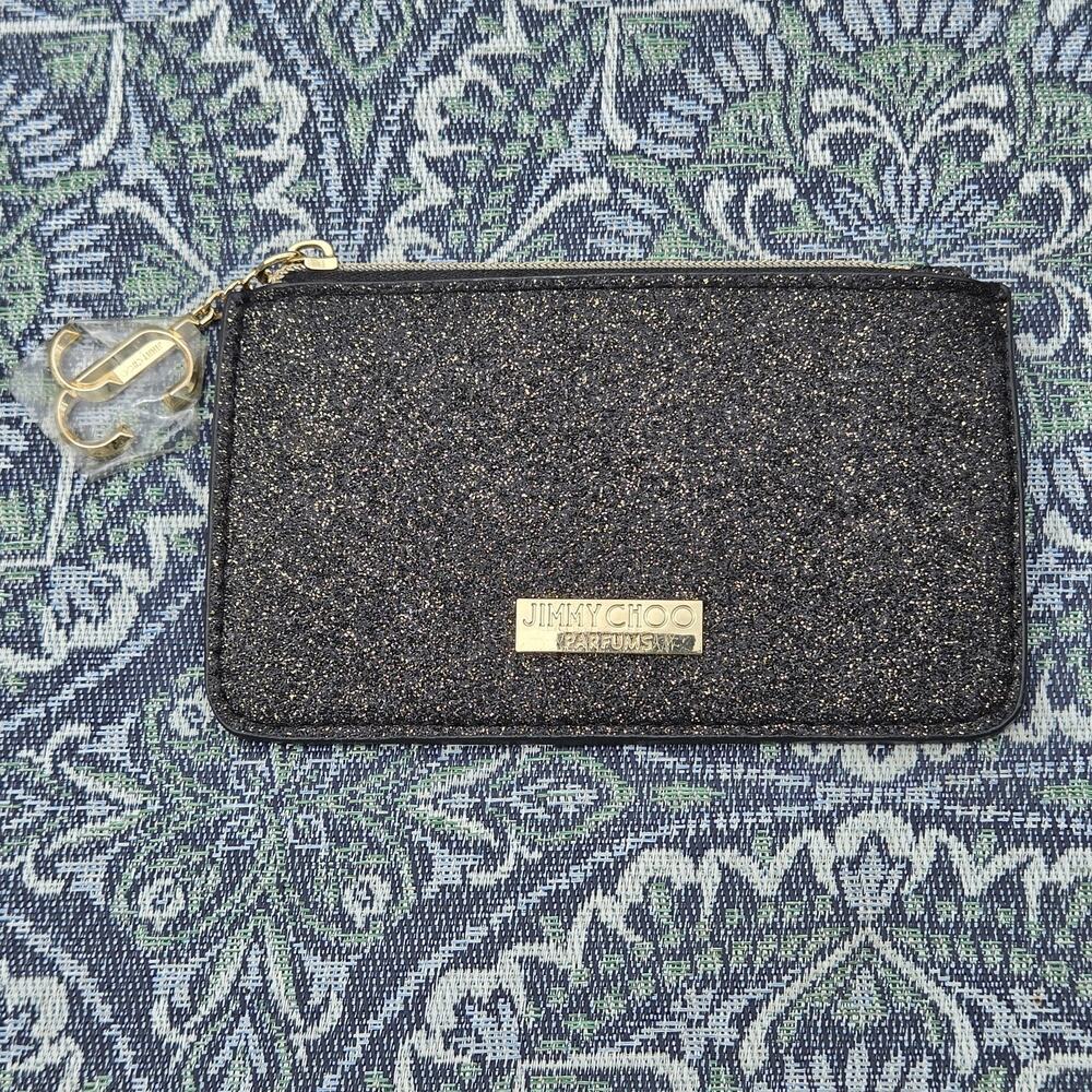 Jimmy Choo Parfums Black Glitter Mini Wallet Coin Card ID Purse Pouch Charm Logo